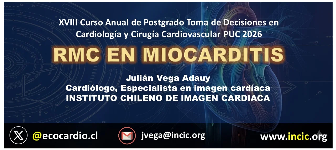 Portada de la charla «RMC en miocarditis» del Dr. Julián Vega Adauy
